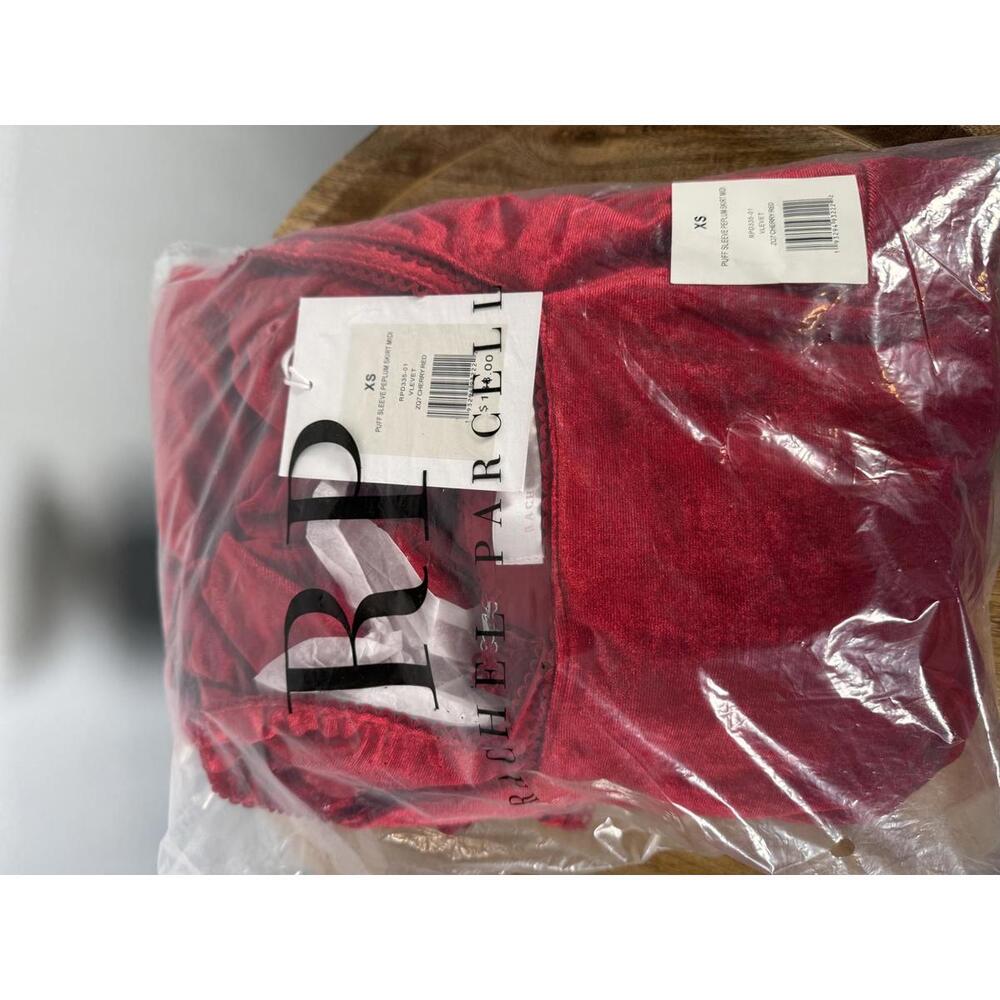 NWT Rachel Parcell Cherry Red Velvet Puff Sleeve Peplum Midi Dress Size XS - Picture 5 of 7